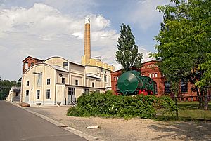 Die Maschinenhalle der Brikettfabrik mit Schornstein steht im Hintergrund. Davor steht eine alte restaurierte Lokomotive. Hinter dieser ist der Ziegelbau der Kraftwerkshalle zu sehen.